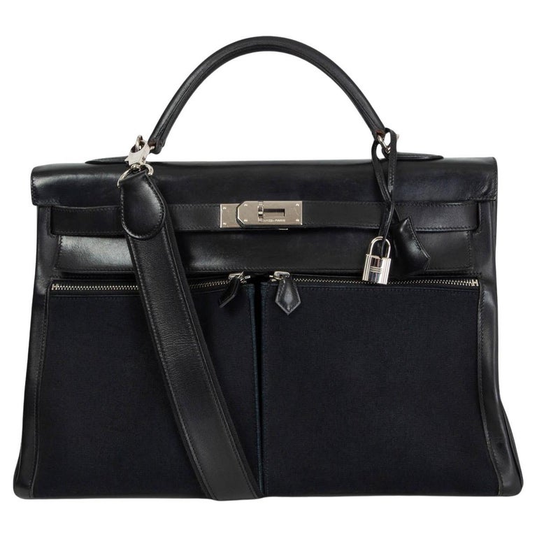HERMES black Toile Militaire & Box leather KELLY 40 LAKIS Bag w Palladium
