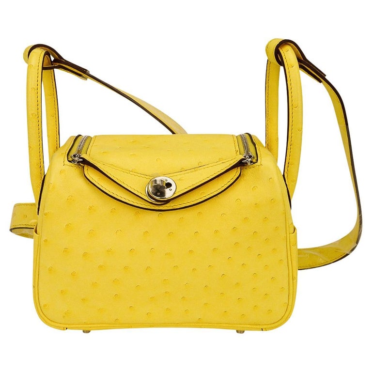 Hermes Mini Lindy 20 Bag Jaune Citron Ostrich Boreal w/ Palladium Hardware