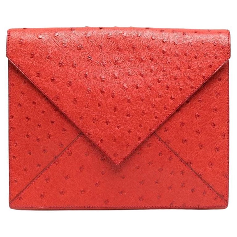 Hermes Red Ostrich Envelope Clutch Bag
