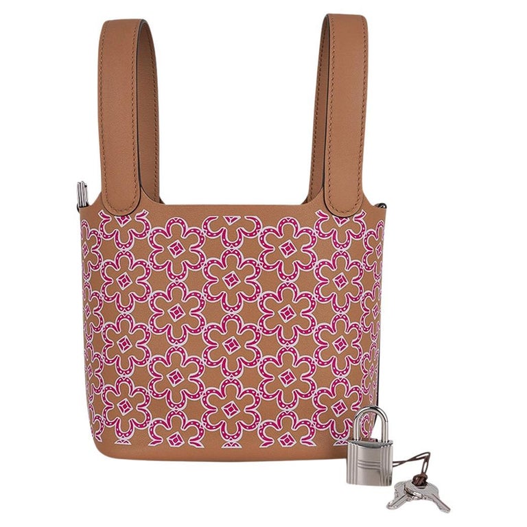 Hermes Picotin Lock 14 Micro Lucky Daisy Tote Bag Chai / Rose Palladium Hardware
