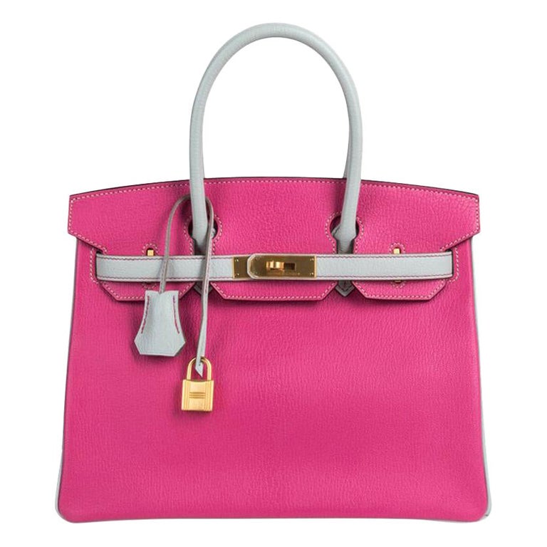 Hermes Birkin HSS 30 Rose Shocking & Gris Perle Bag Brushed Gold Hardware Chevre
