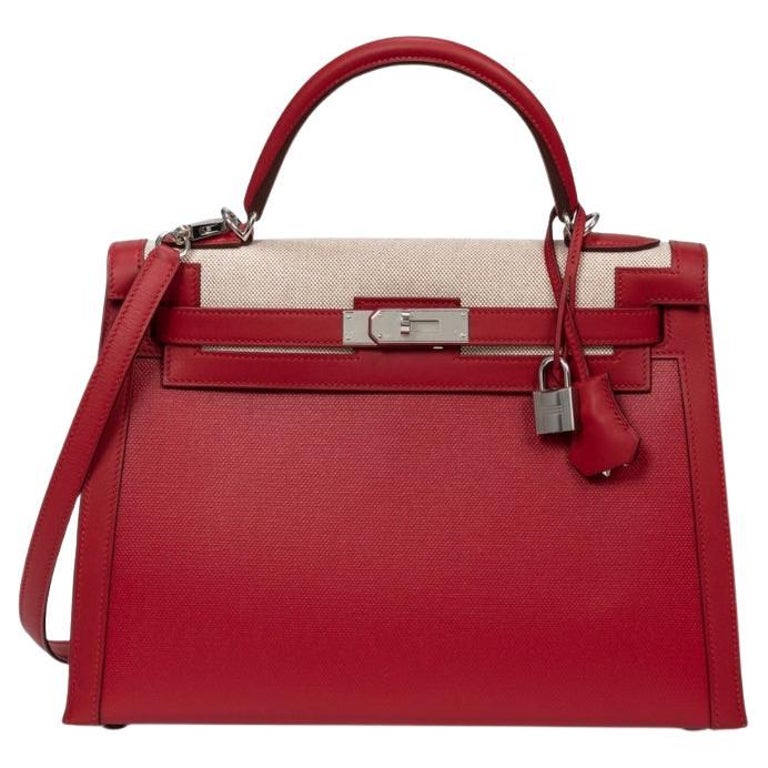 Hermes Rouge Piment Kelly 32 Sellier Swift and Toile Berline Palladium Hardware