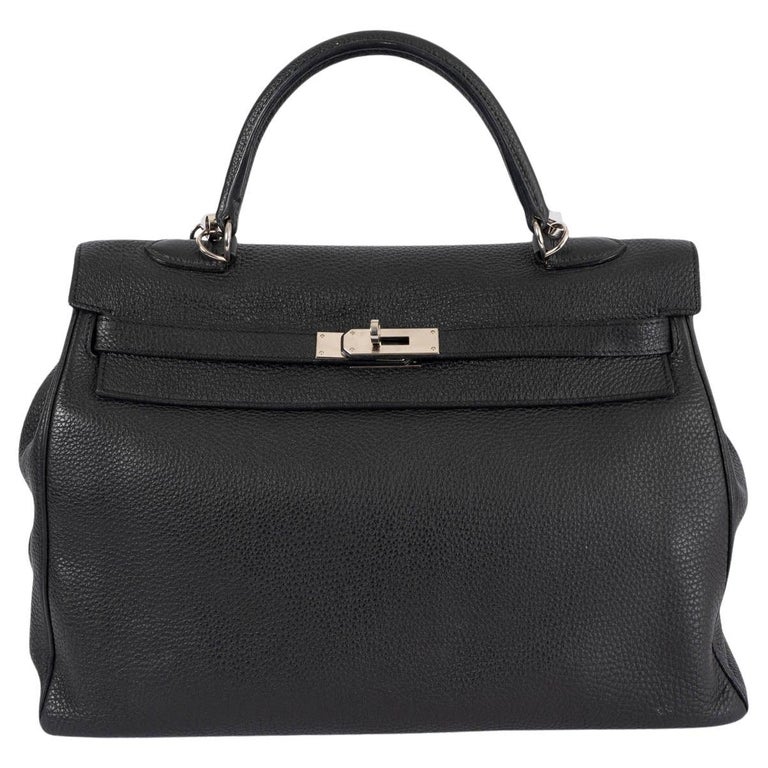 HERMES black leather KELLY 35 RETOURNE Bag w Palladium