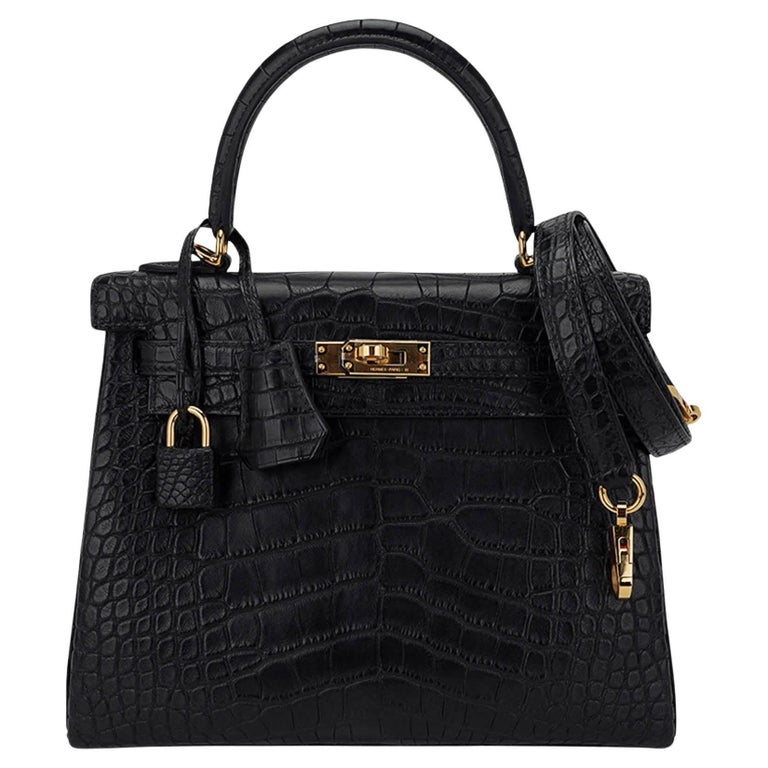 Hermes Kelly 25 Retourne Bag Black Matte Alligator Gold Hardware
