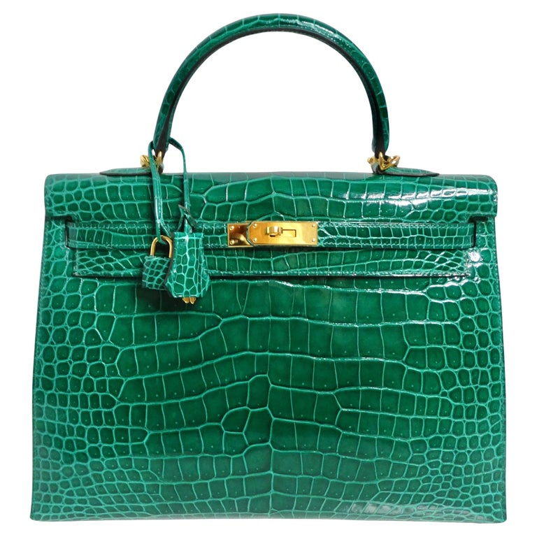 Hermes Kelly 35 Malachite Shiny Crocodile Porosus Gold Hardware