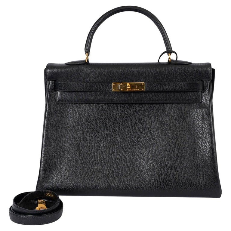 HERMES black Grainee leather KELLY 35 RETOURNE Bag GHW