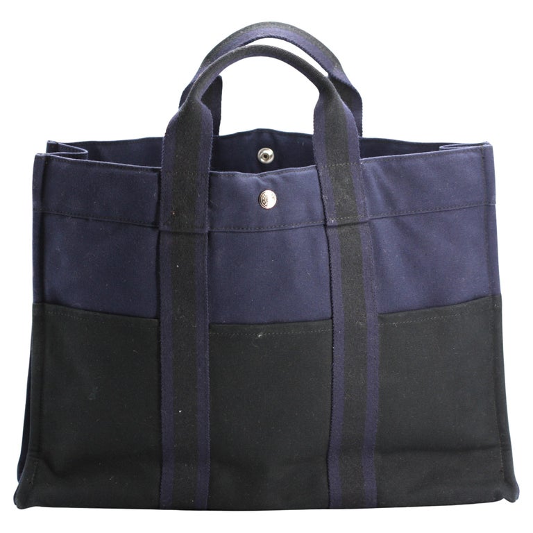 Hermes Navy and Black Canvas Tote Signed
