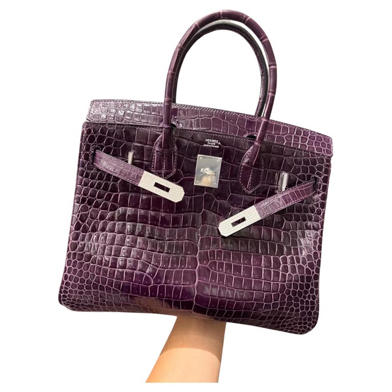 Hermes Birkin 30 Shiny Porosus Purple Amethyst Crocodile Bag with Diamonds