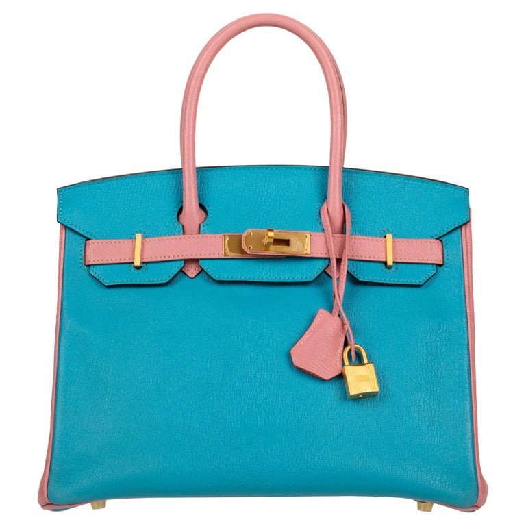Hermes Birkin 30cm Special Order Blue Aztec & Rose Confetti Chevre Leather Brush