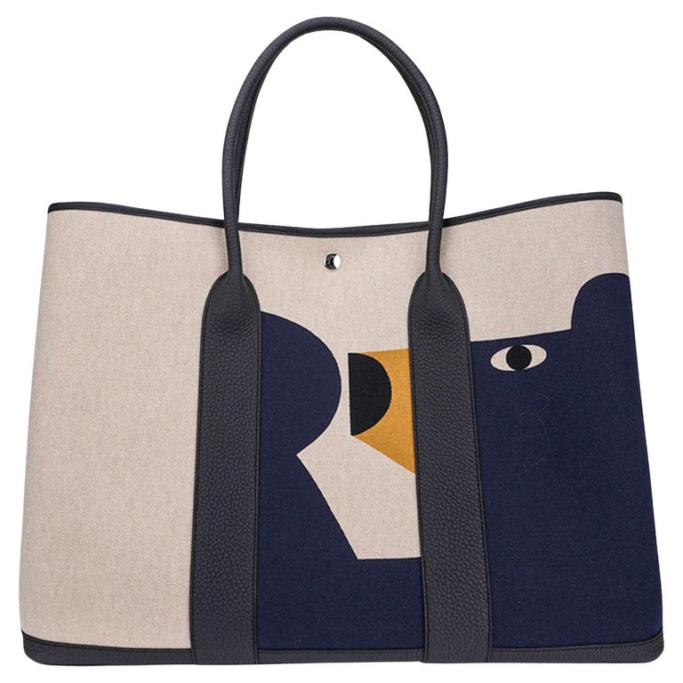 Hermes Garden Party 49 Teddy H Voyage Bag Ecru Beige Navy and Indigo
