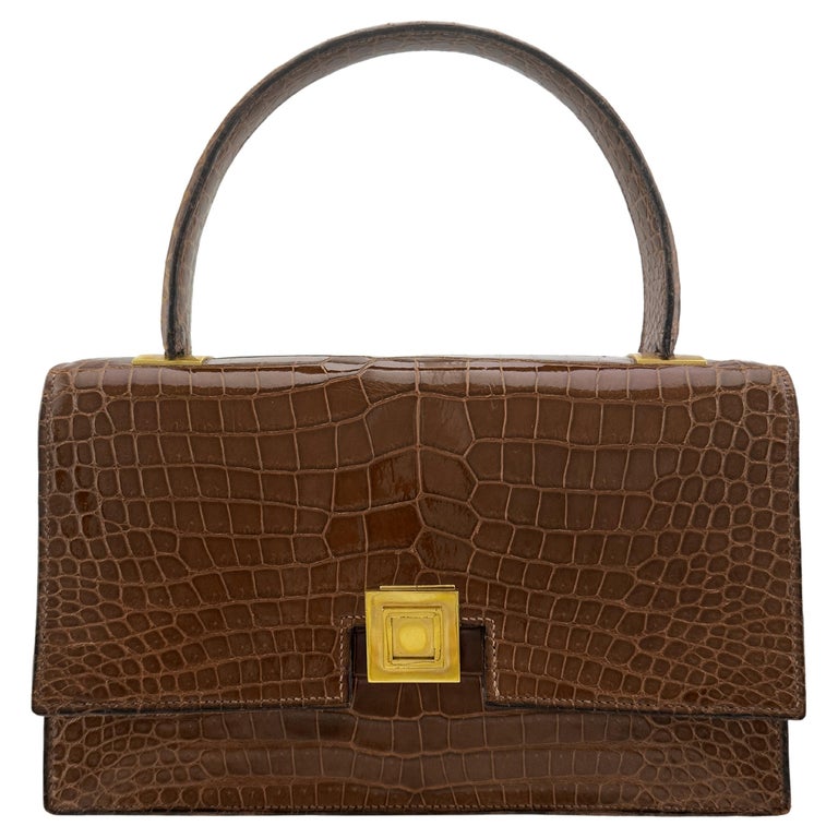 1960's Hermes Brown Crocodile Skin Top Handle Bag