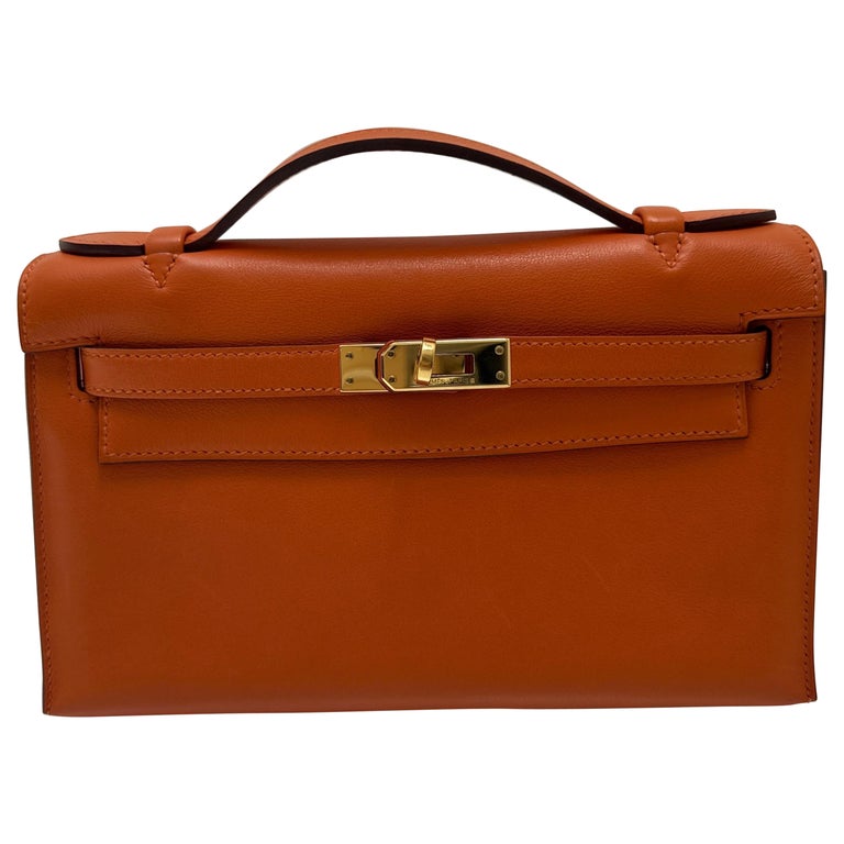 Hermes Kelly Pochette Feu Orange Swift Leather Gold Hardware