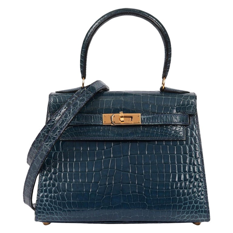 Hermès Blue Tempete Shiny Porosus Crocodile Leather Vintage Kelly 20cm Sellier