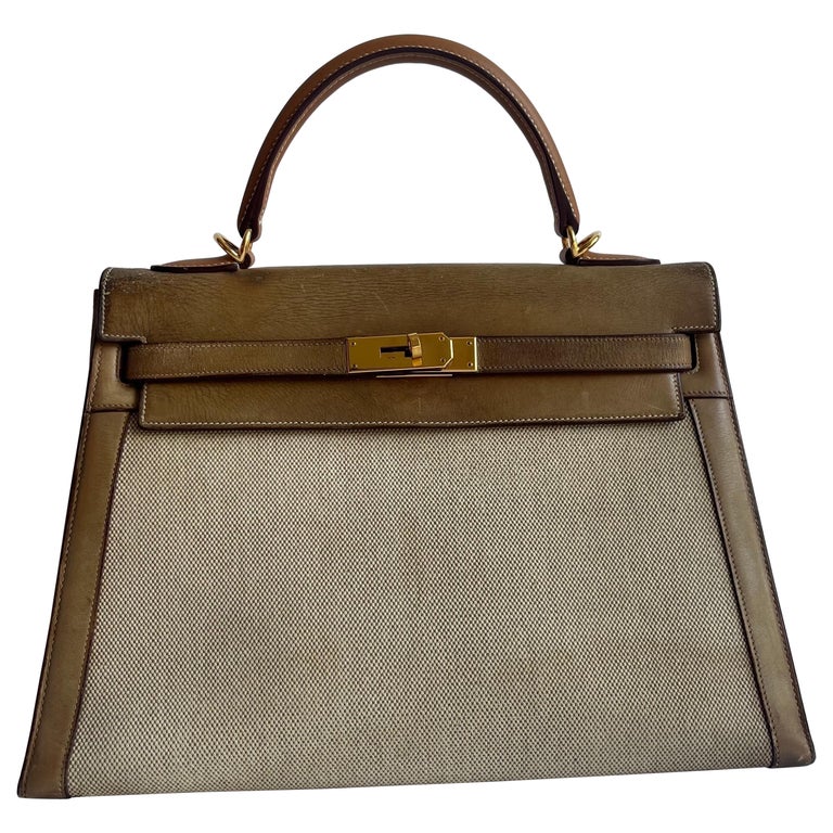 Hermes Kelly 32 Sellier Vintage Natural Leather and Canvas Gold Hardware
