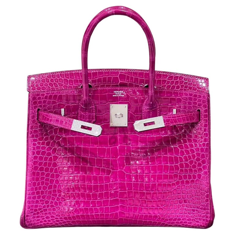 Hermes Birkin 30 Rose Scheherazade Shiny Crocodile Bag With Diamonds 18K Gold