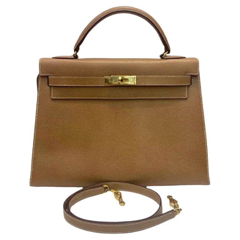 Hermes Kelly 32 Sellier Vintage Gold Epsom Leather Gold Hardware With Strap 1990