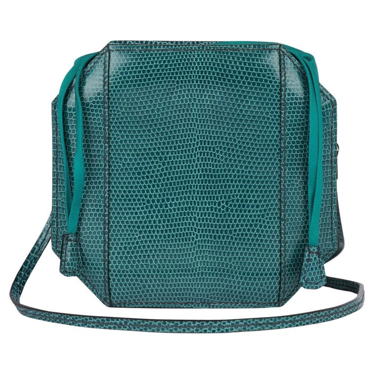 Hermès Bleu Petrole Shiny Niloticus Lizard Leather & Silk Sac a Poudrier