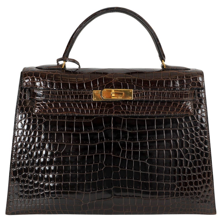 HERMES Marron Fonce SHINY CROC KELLY 32 SELLIER Bag GHW