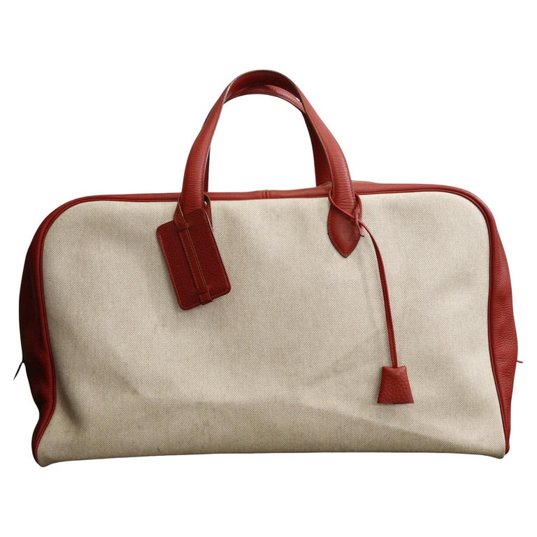 Hermes Red Taurillon Clemence Leather and canvas “Victoria” travel Large Bag 50