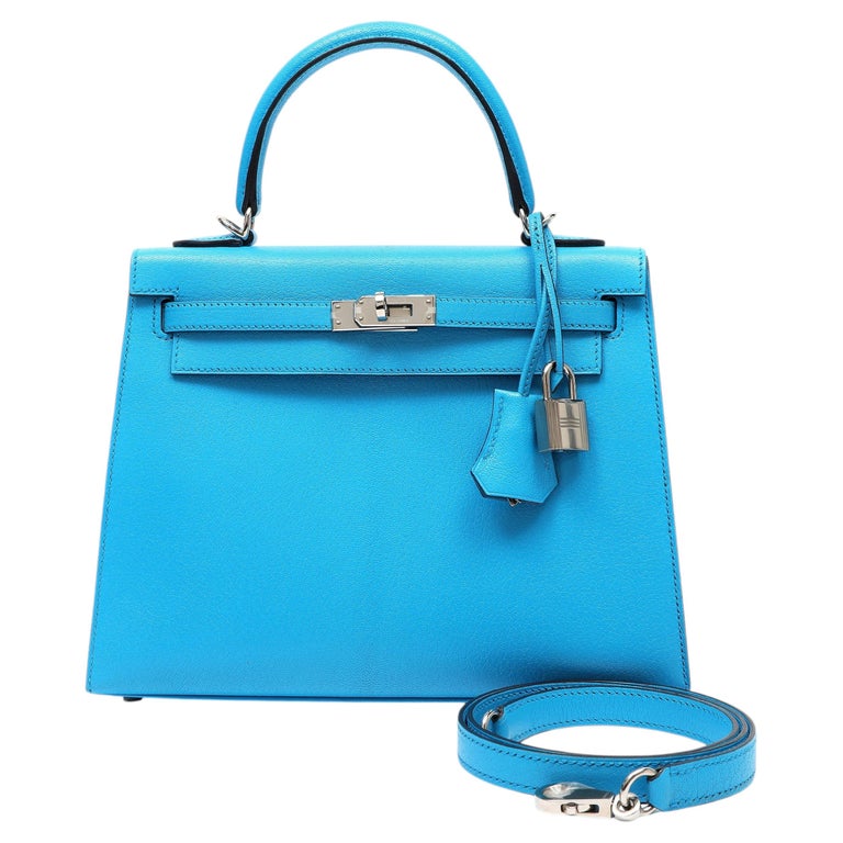 Hermès Kelly 25cm Blue Zanzibar Sellier Chèvre Leather with Palladium Hardware