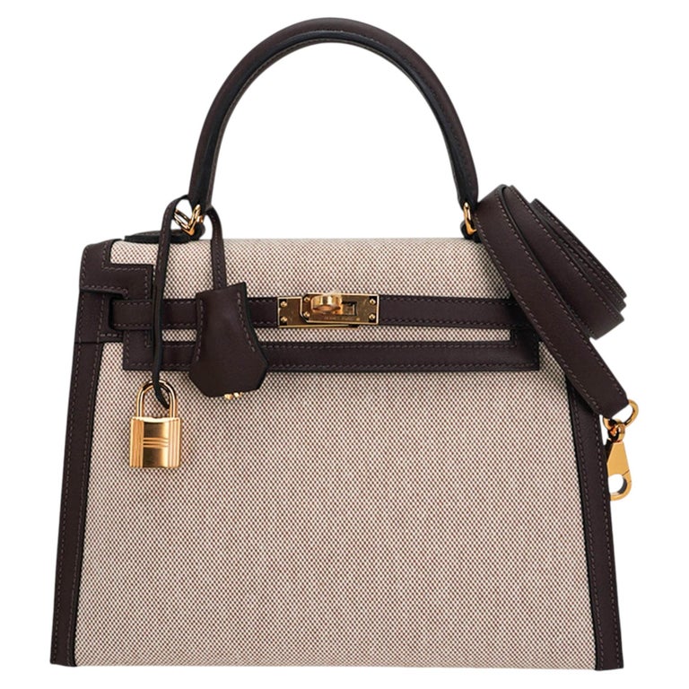 Hermes Kelly Sellier 25 Bag Bai Brun Ecru Toile H Swift and Gold Hardware