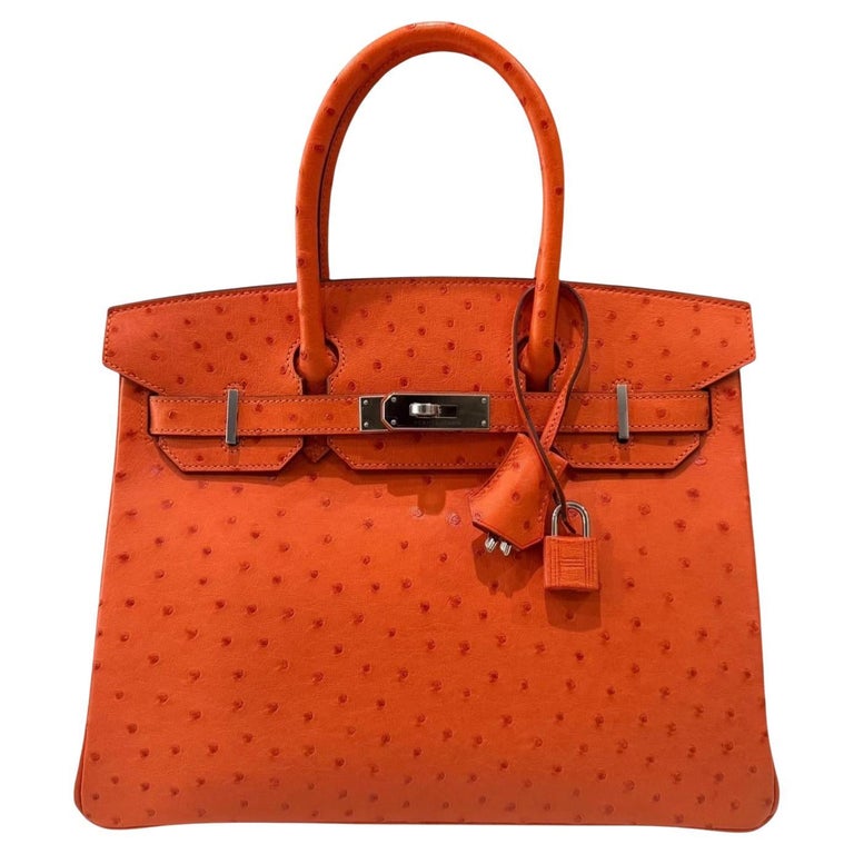 Hermes Birkin 30 Ostrich Tangerine Orange Leather Palladium Top Handle Bag