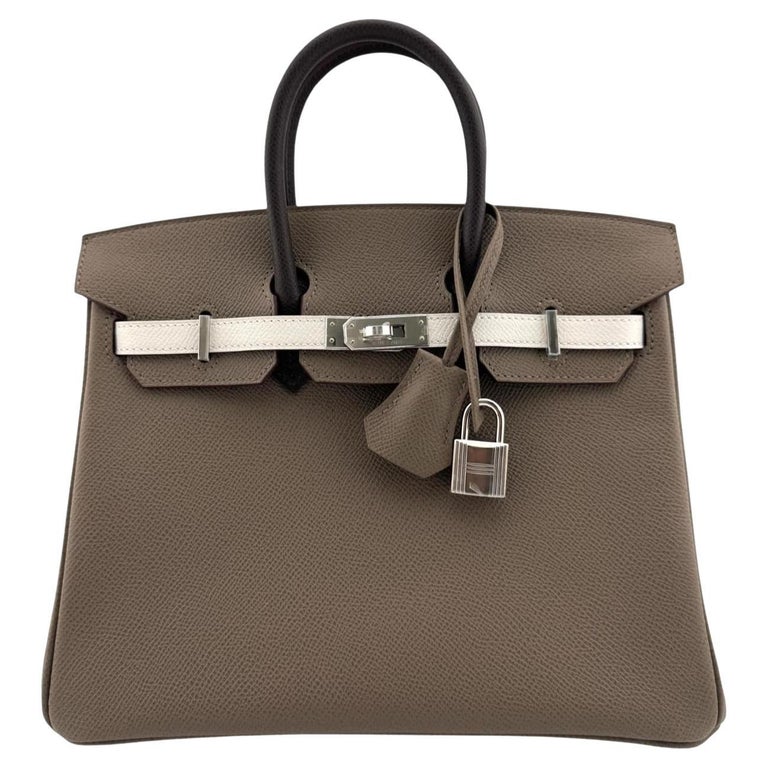 Hermes Birkin 25 Tri Color Etoupe Gris Pale Ebene Epsom Leather Top Handle Bag