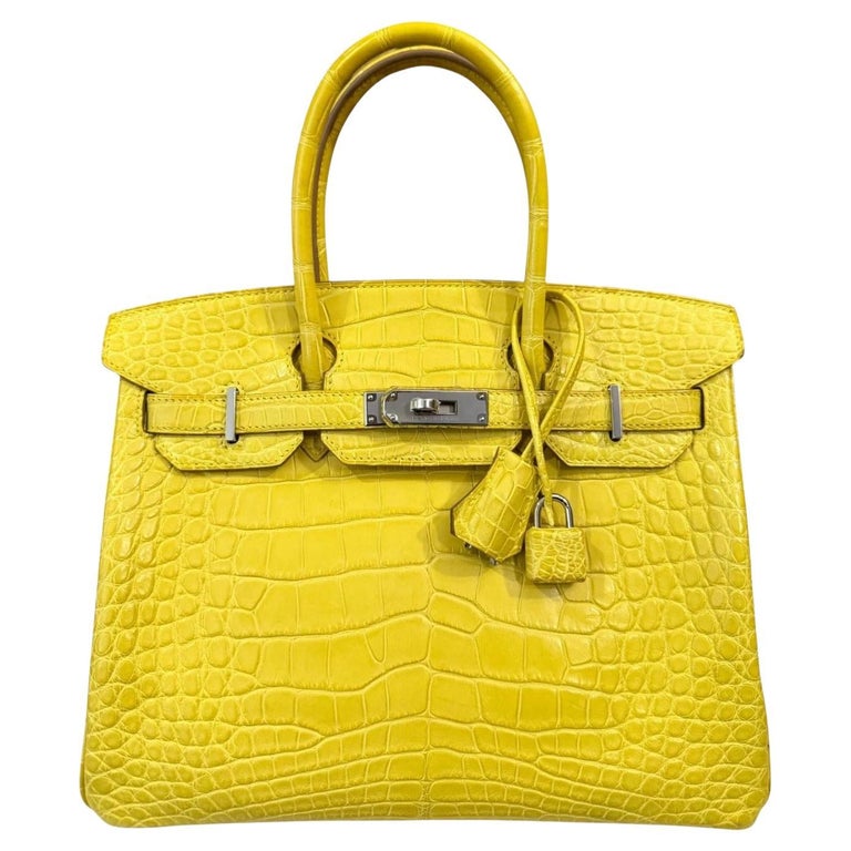 Hermes Birkin 30 Soufre Yellow Jaune Matte Alligator Leather Top Handle Bag