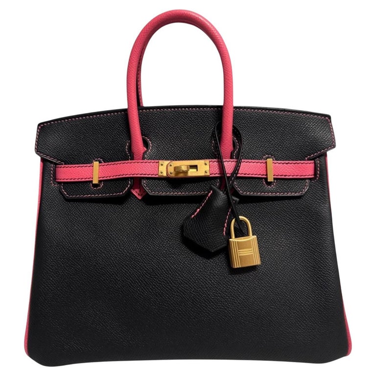 Hermes Birkin 25 Black & Rose Azalee Epsom Leather Brushed Gold Top Handle Bag