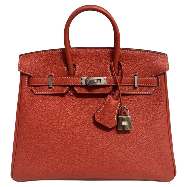 Hermes Birkin 25 Sanguine Orange Togo Leather Palladium Hardware Top Handle Bag