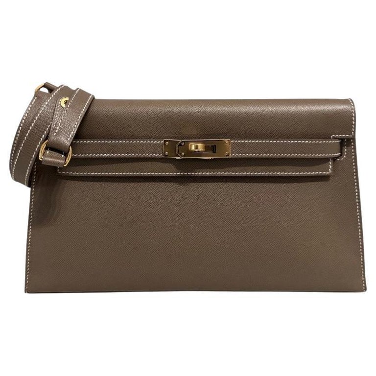 Hermès Kelly Elan Etoupe Gray Madame Leather Gold Hardware Clutch Shoulder Bag