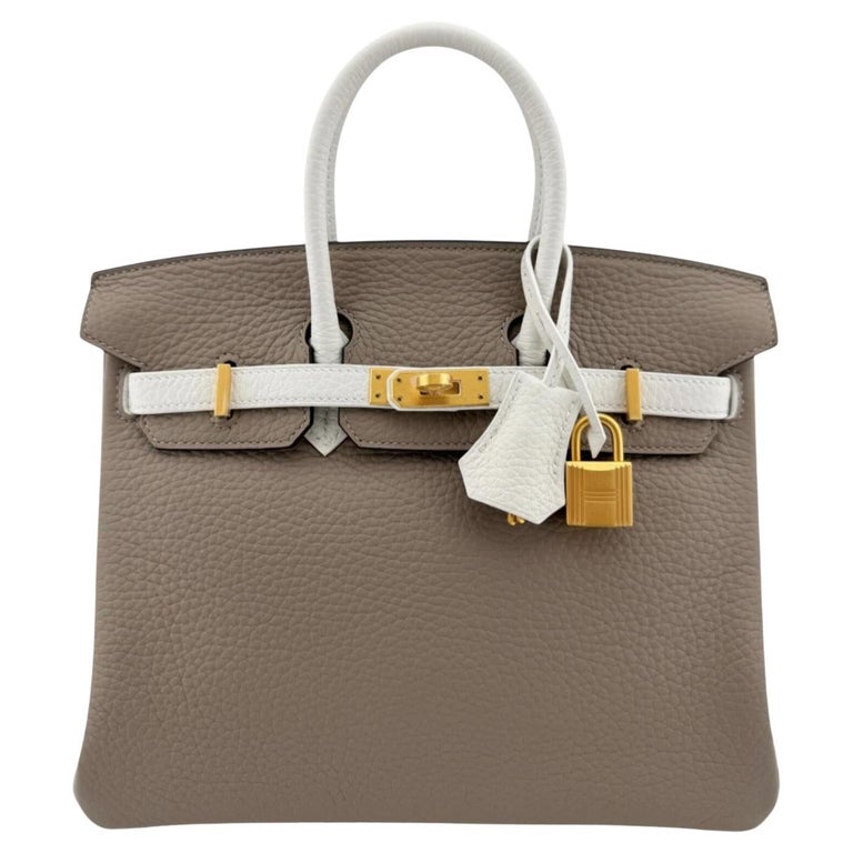 NEW Hermes Birkin 25 Gris Tourterelle Leather Brushed Gold Top Handle Bag