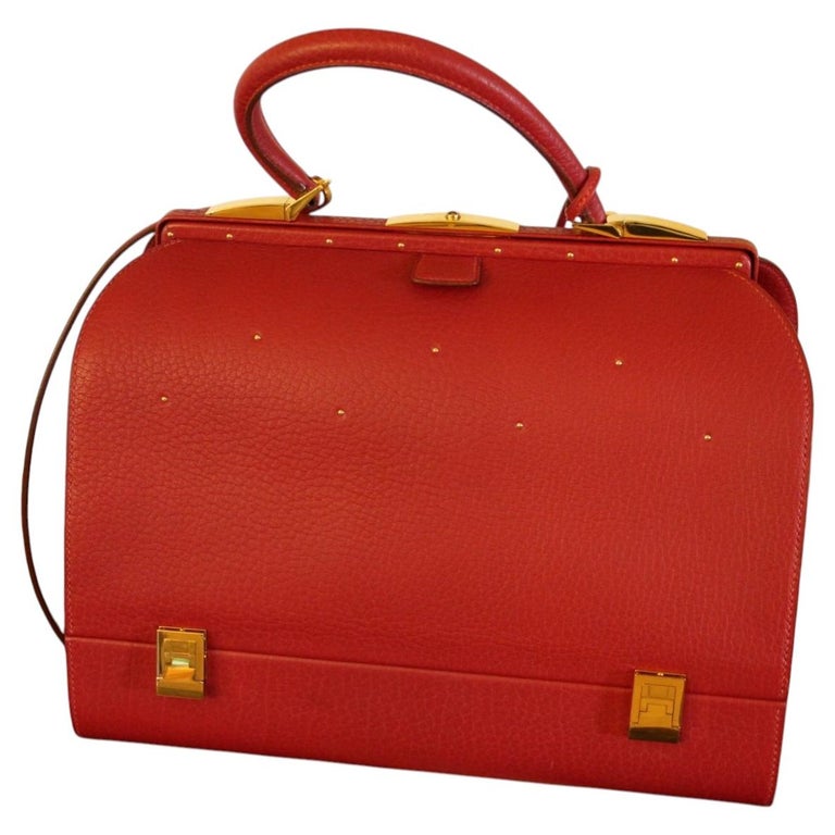 Hermès Vintage Sac Mallette Red Leather Doctor Bag with Gold Plated Accents