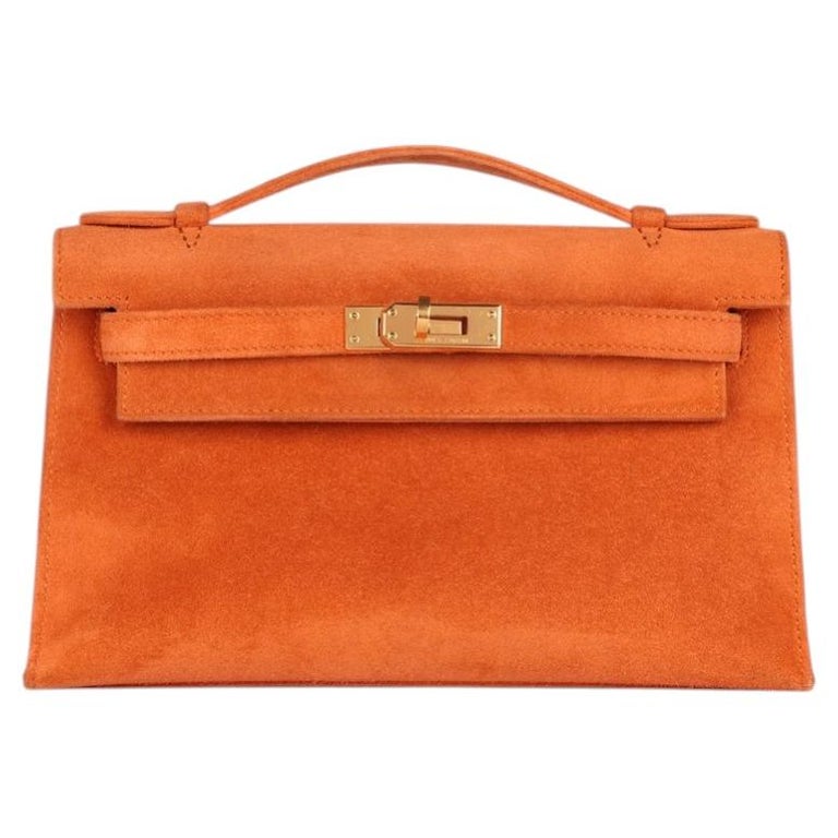 Hermès Orange Veau Doblis Suede Vintage Kelly Pochette