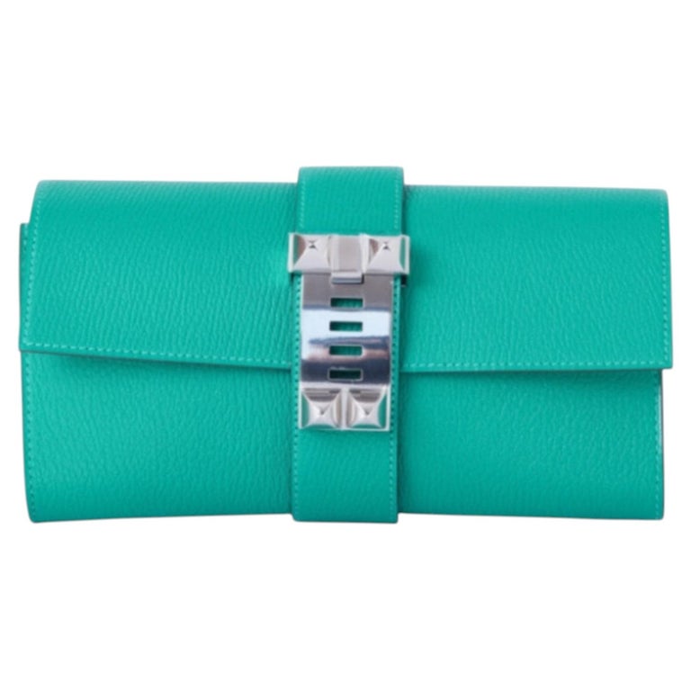 Hermès Medor Clutch in Green Leather with Palladium Hardware -'10s