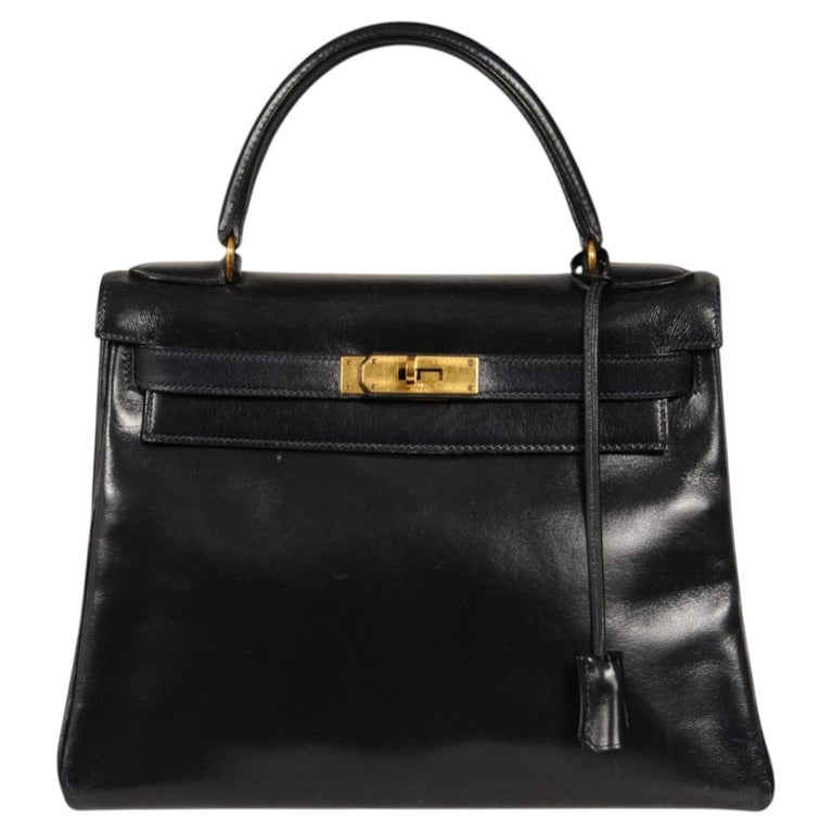 Hermes Vintage 1970s Kelly 28 Navy Blue Box Calfskin Leather Gold Hardware