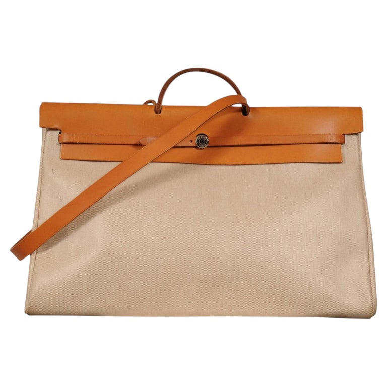 Hermes Vintage Herbag 50 Toile Ecru Natural Tan Leather Shoulder Carry On Duffle