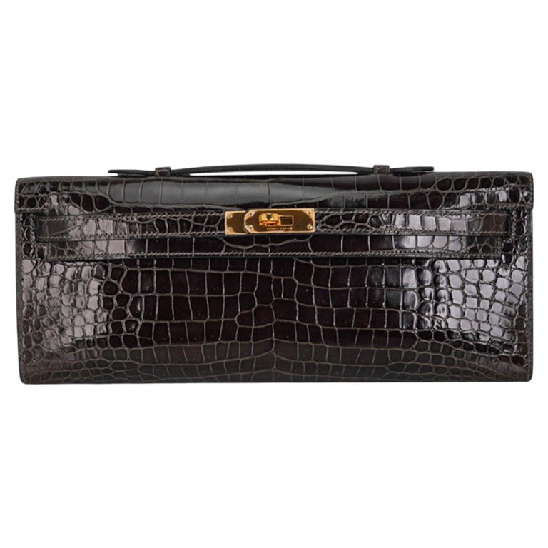 Hermes Kelly Cut Gris Elephant Porosus Crocodile Clutch Bag Gold Hardware