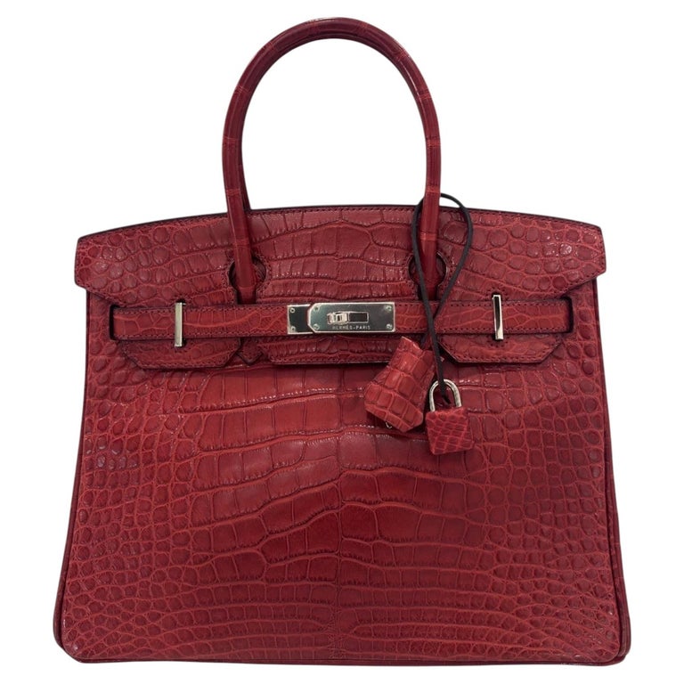 Hermes Birkin 30 Rouge H Red Alligator Leather Palladium Hardware Top Handle Bag