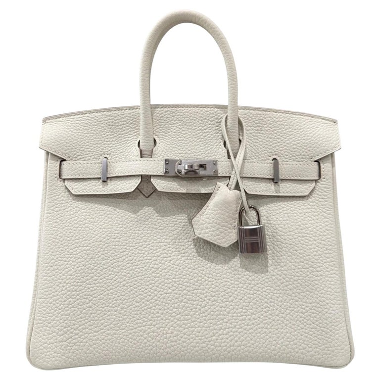 Hermes Birkin 25 Mushroom White Togo Leather Palladium Hardware Top Handle Bag