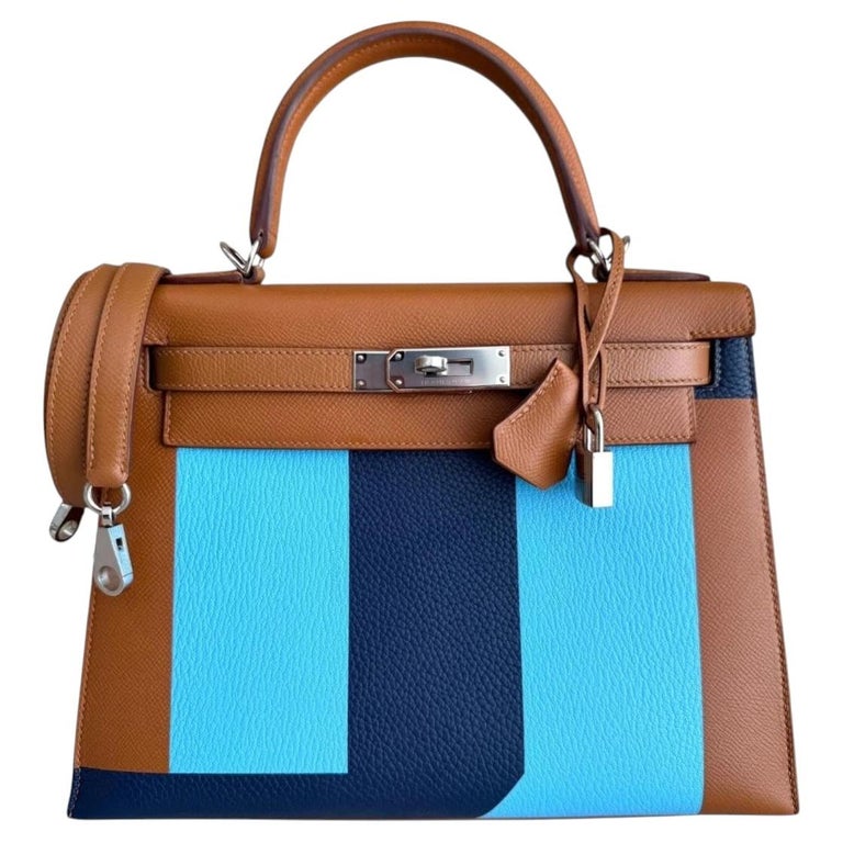 Hermes Kelly 28 Sellier Gold, Blue Celeste, Indigo Epsom Shoulder Bag