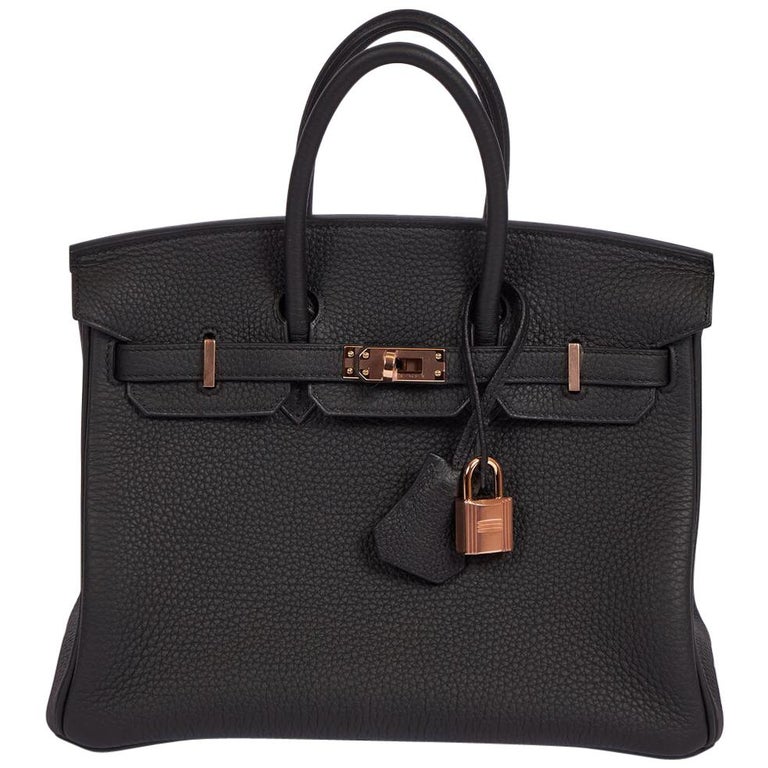 New Hermes Rare Birkin 25 Black Togo Rose Gold Hardware