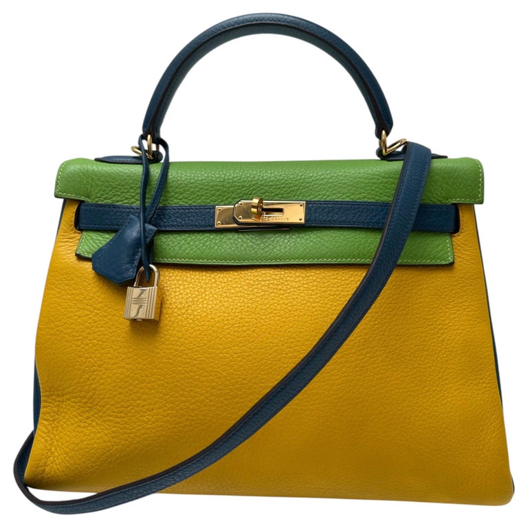 Hermes Kelly 32 vert cru, Jaune, blue thalassa Clemence leather Bag