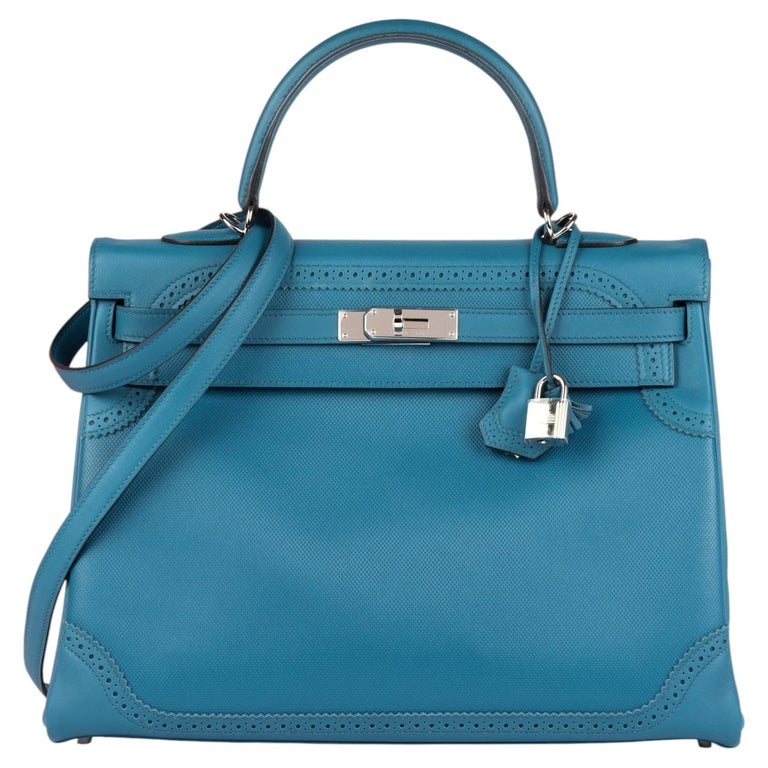 Hermès Blue de Galice Swift & Grain d'H Leather Ghillies Kelly 35cm Retourne