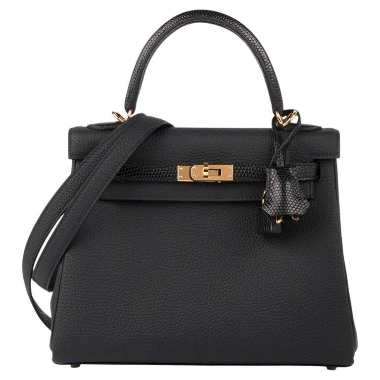 Hermès Black Togo & Varanus Niloticus Lizard Leather Touch Kelly 25cm Retourne
