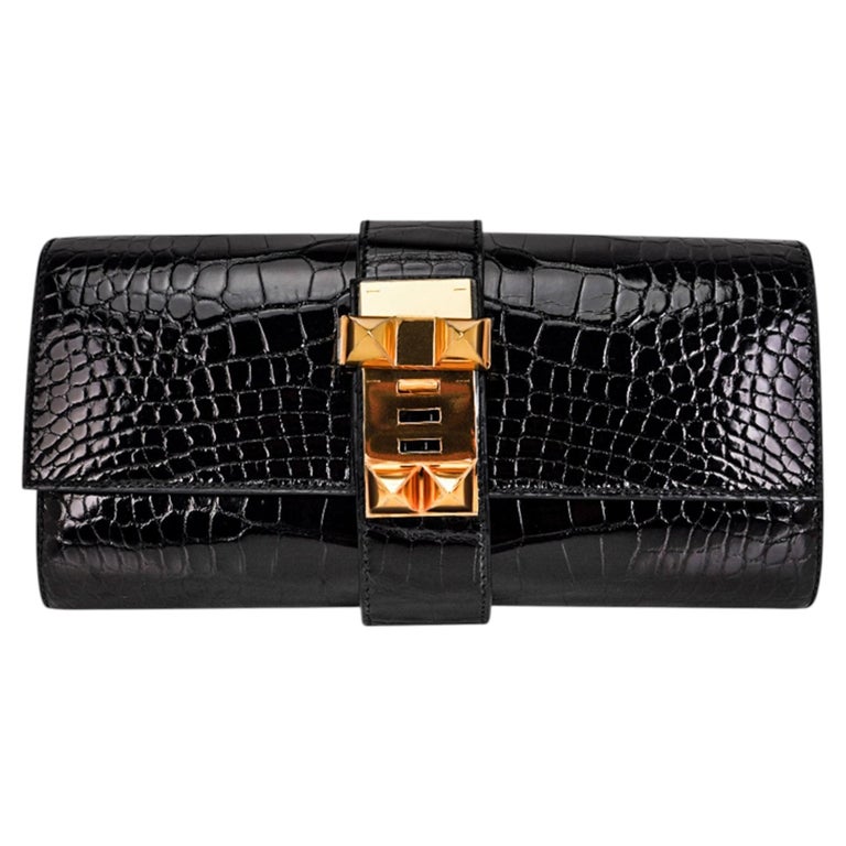 Hermes Medor 23 Clutch Bag Black Alligator Gold Hardware