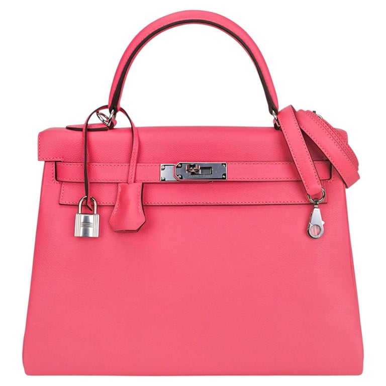 Hermes Kelly 32 Rose Azalee Bag Palladium Hardware Evercolor Leather