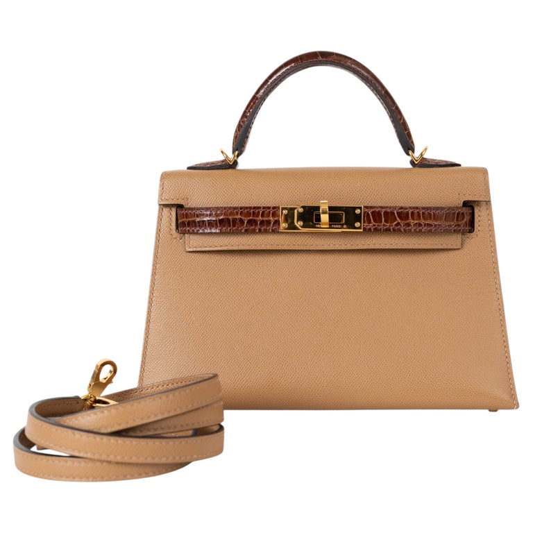 HERMES Chai & Miel Madame leather & CROC MINI KELLY 20 SELLIER TOUCH Bag Ghw