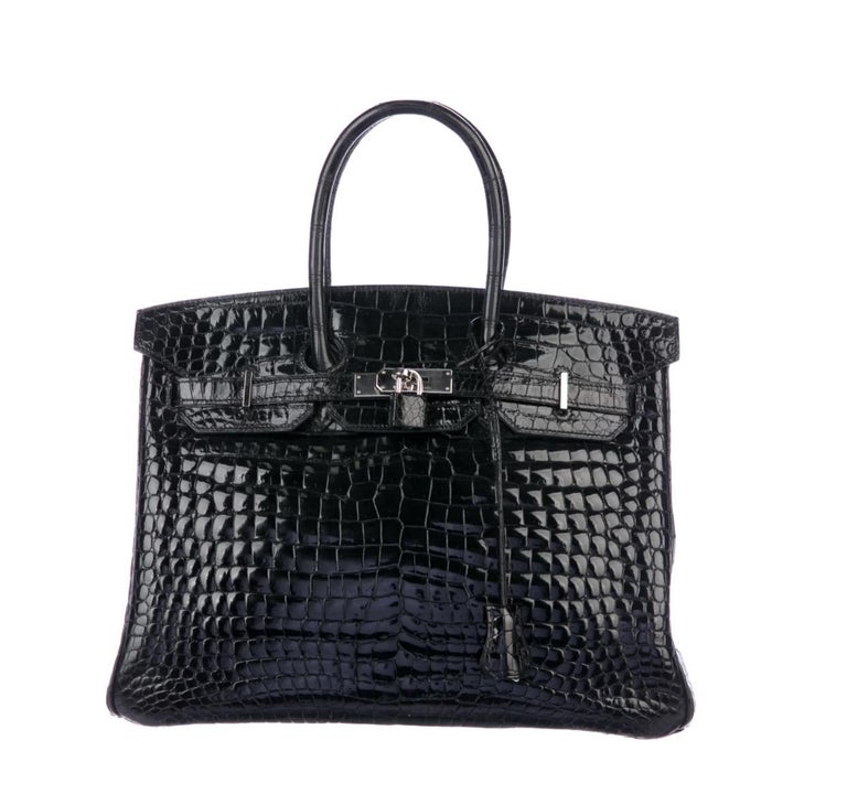 Hermes Birkin 35 Black Shiny Crocodile Top Handle Satchel Tote Bag
