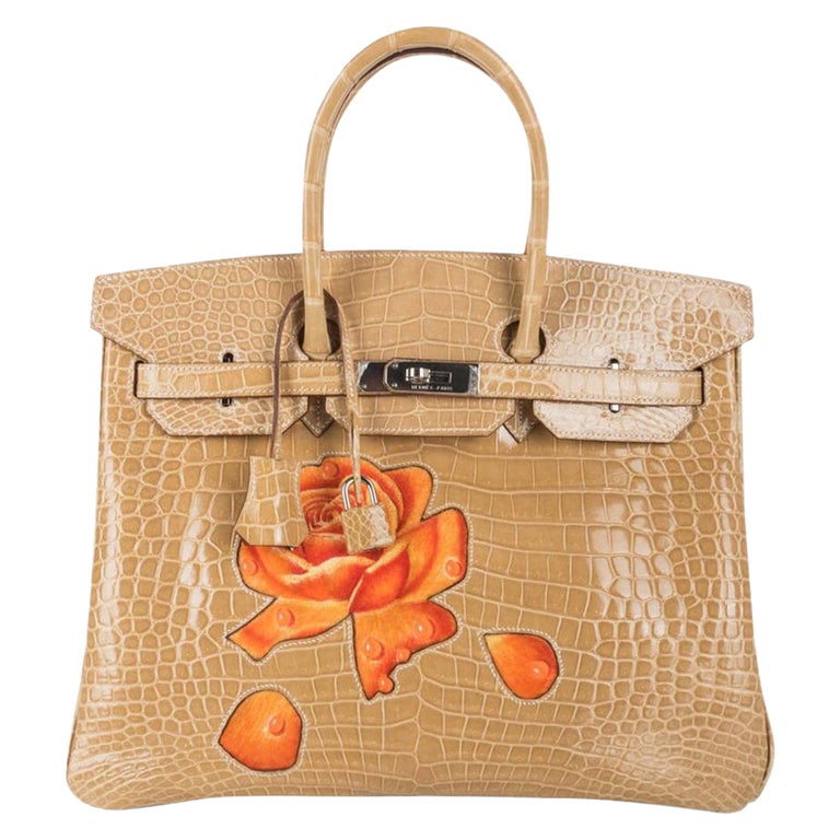 Hermes Birkin HSS 35 Dewdrop Roses One of a Kind Poussiere Porosus Crocodile Bag